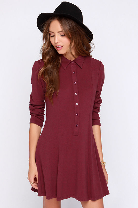 Burgundy Dress - Long Sleeve Dress - Shirt Dress - $70.00 - Lulus