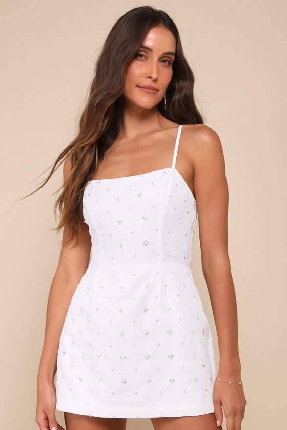 LULUS MAJORLY PERFECT IVORY SEQUIN SLEEVELESS SKORT ROMPER