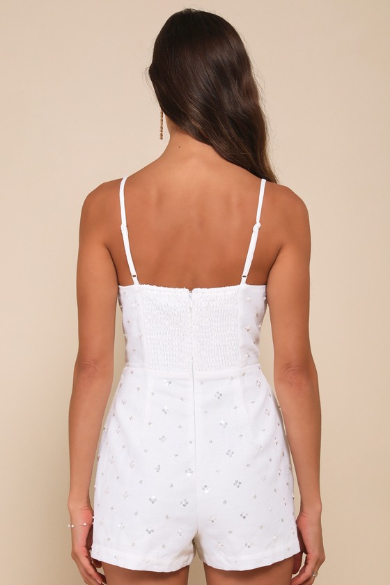 LULUS MAJORLY PERFECT IVORY SEQUIN SLEEVELESS SKORT ROMPER