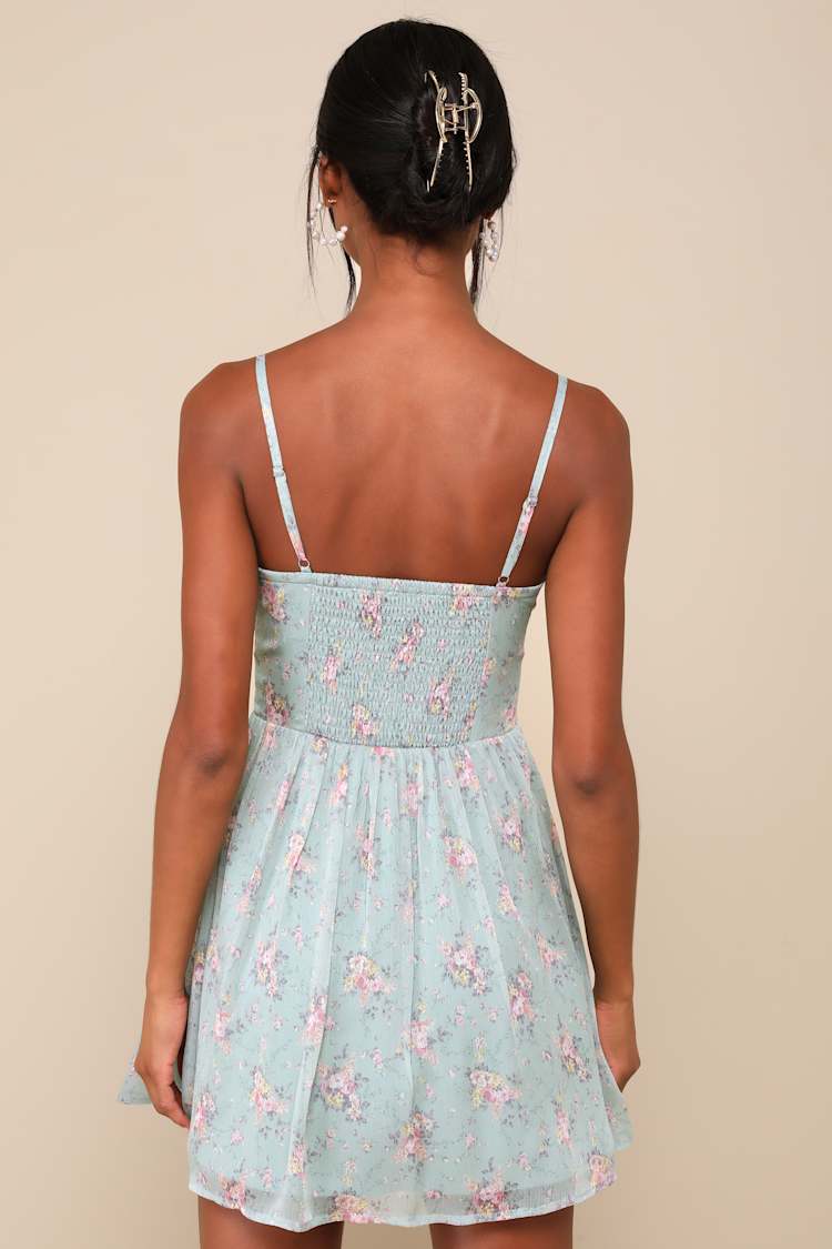 Flirty Dreamer Sage Floral Bustier Lace Ribbon Mini Dress