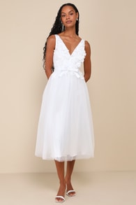 Dreamy Presence White Tulle Floral Applique Bow Midi Dress 2
