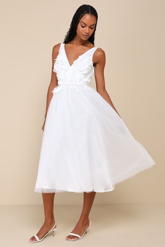 Lulus Dreamy Presence White Tulle Floral Applique Bow Midi Dress In White