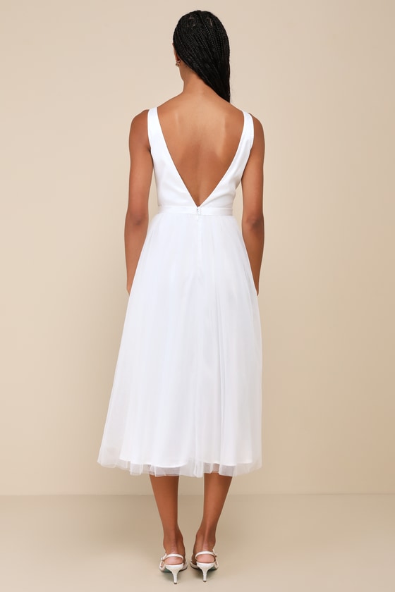 Lulus Dreamy Presence White Tulle Floral Applique Bow Midi Dress In White