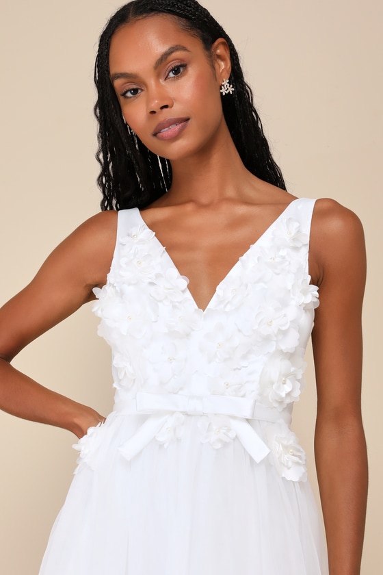 Lulus Dreamy Presence White Tulle Floral Applique Bow Midi Dress In White