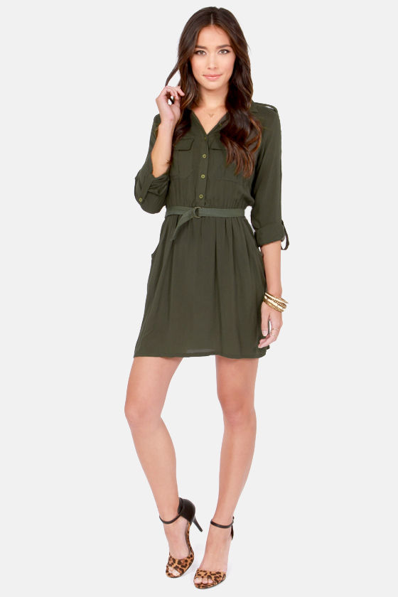 Cute Green Dress Army Green Dress Shirt Dress 49.00