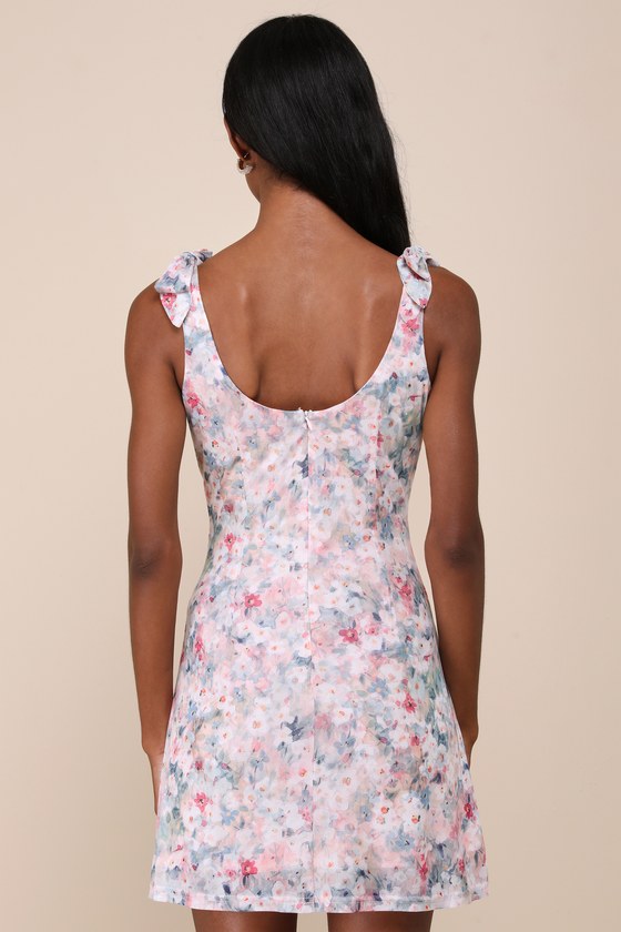 Lulus Whimsical Cutie Blush Floral Mesh Tie-strap Mini Dress In Pink