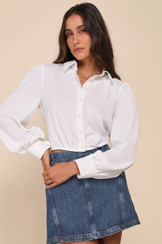 LULUS POISED ARRIVAL IVORY BALLOON SLEEVE COLLARED BUTTON-UP TOP