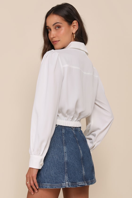 LULUS POISED ARRIVAL IVORY BALLOON SLEEVE COLLARED BUTTON-UP TOP