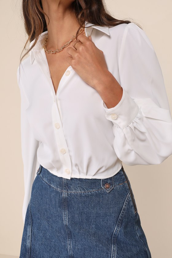 LULUS POISED ARRIVAL IVORY BALLOON SLEEVE COLLARED BUTTON-UP TOP
