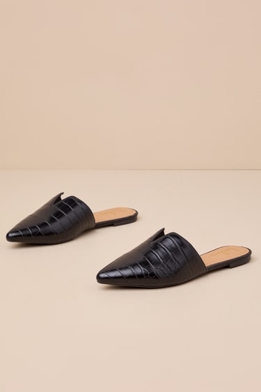 Jaelyn Black Crocodile Embossed Pointed-Toe Slides