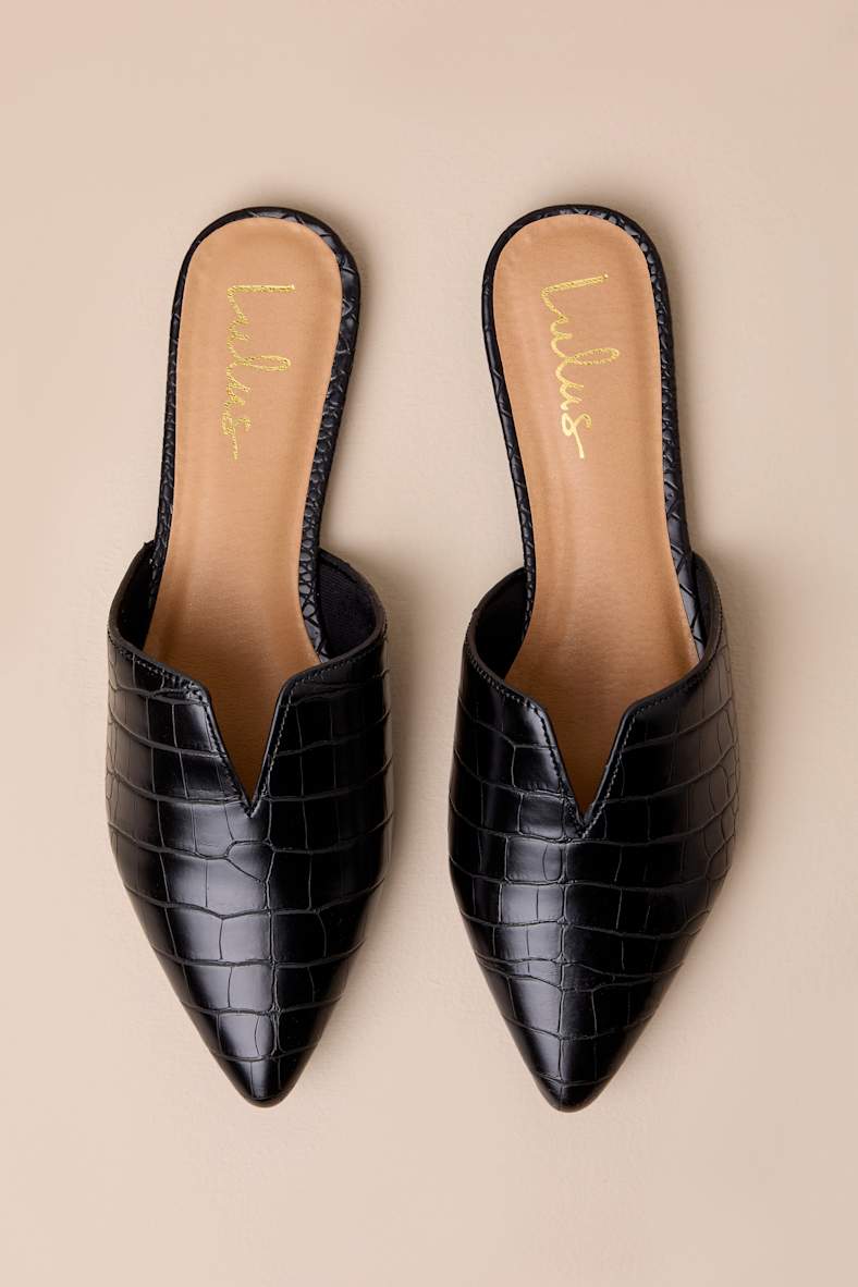 Jaelyn Black Crocodile Embossed Pointed-Toe Slides