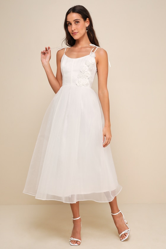 Intentionally Darling White Organza Tie-Strap Rosette Midi Dress 3