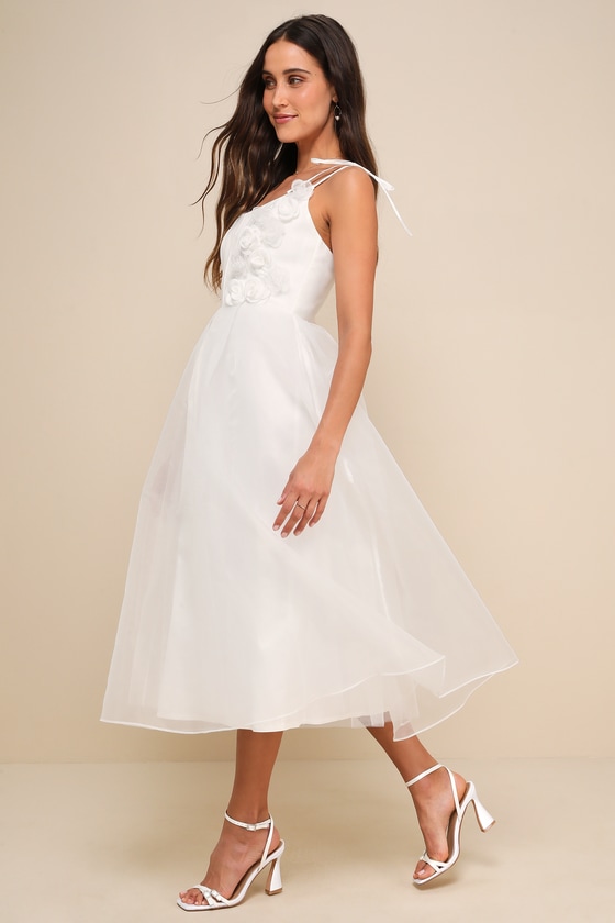 White Organza Dress - Tie-Strap Dress -Rosette Midi Dress - Dress