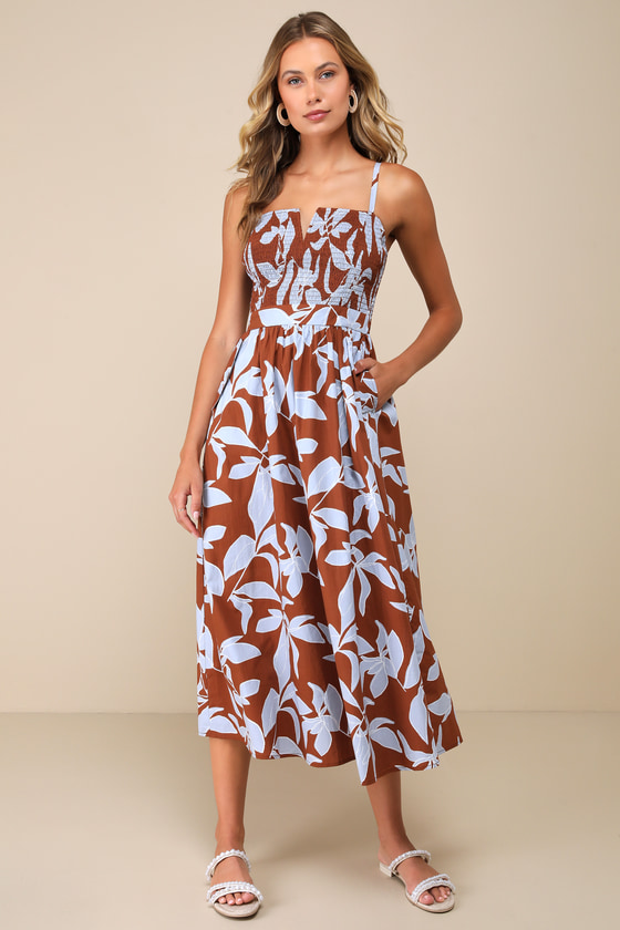 Shop Lulus Immense Cuteness Brown And Blue Floral Midi Dress With Pockets