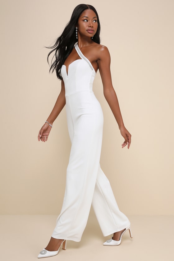 LULUS SPARKLING PRAISE WHITE NOTCHED RHINESTONE ONE-SHOULDER JUMPSUIT