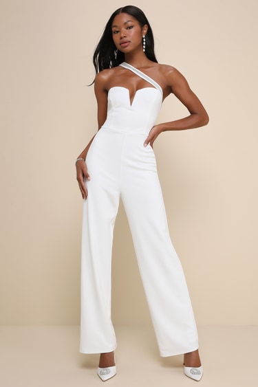 White Jumpsuit One-Shoulder Jumpsuit Rhinestone Jumpsuit Lulus
