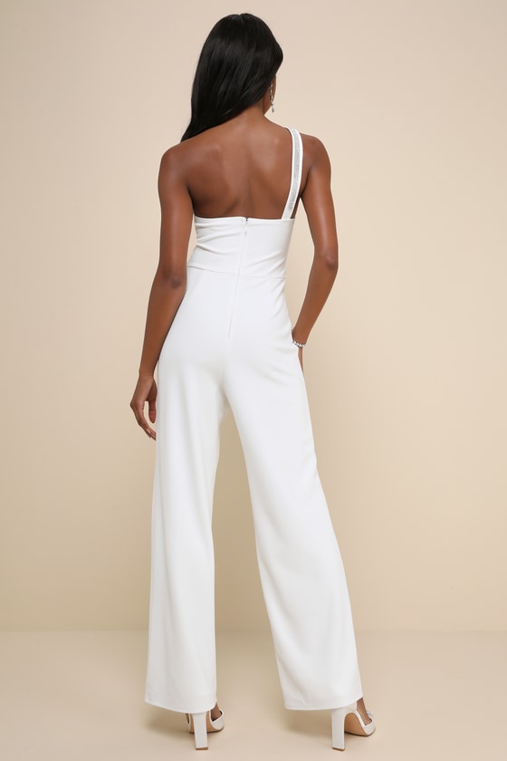 LULUS SPARKLING PRAISE WHITE NOTCHED RHINESTONE ONE-SHOULDER JUMPSUIT