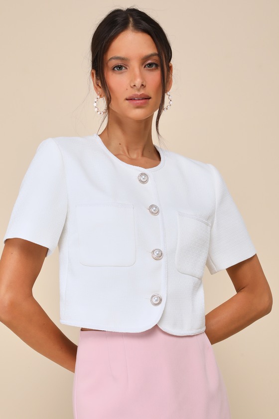 Majorly Elevated White Cropped Pearl Short Sleeve Jacket 1