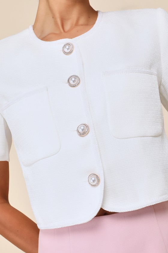 White Cropped Jacket - Pearl Short Sleeve Jacket - Jacket Top - Lulus