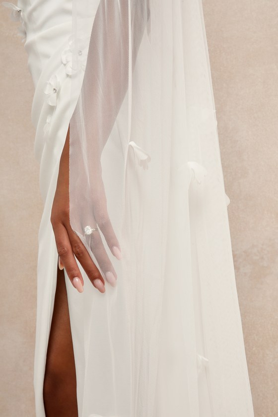 Undeniable Adoration White Mesh Floral Appliqué Cathedral Veil 2