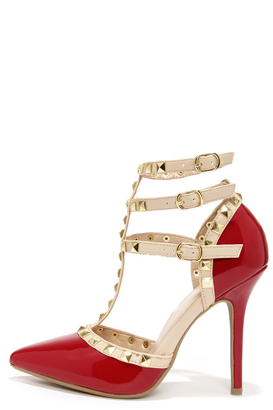 t strap studded heels