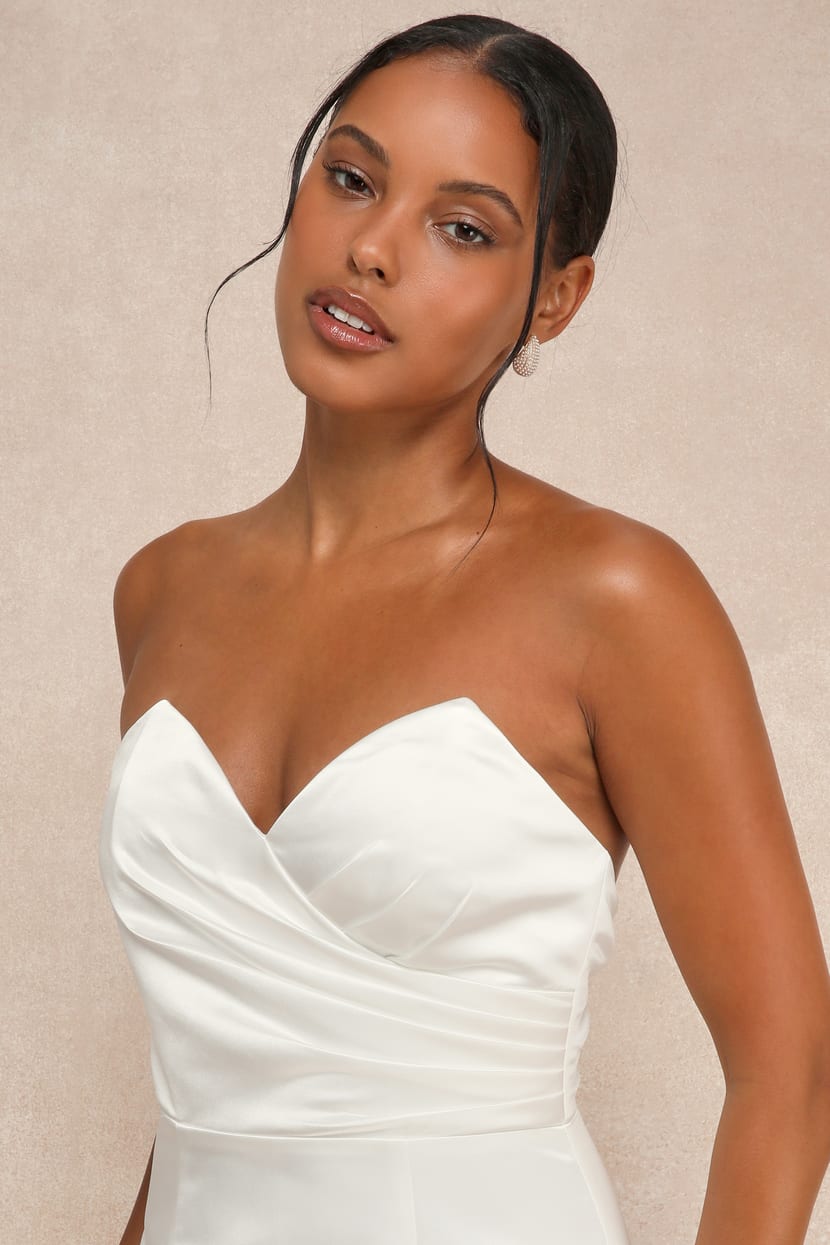 White Satin Gown - Puff Sleeve Bridal Gown - Pleated Column Gown - Lulus