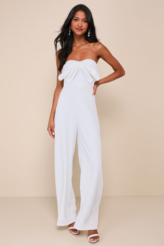 Lulus Gleaming Delight White Strapless Pearl Bow Wide-leg Jumpsuit In White