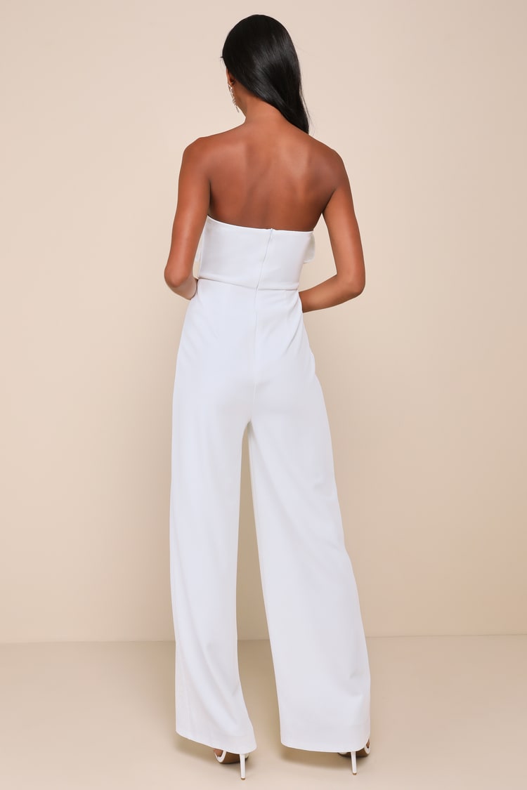 Gleaming Delight White Strapless Pearl Bow Wide-Leg Jumpsuit