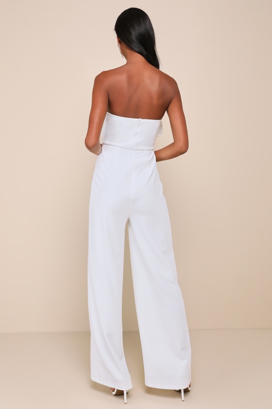 Gleaming Delight White Strapless Pearl Bow Wide-Leg Jumpsuit