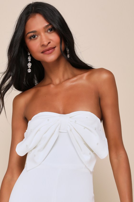 Lulus Gleaming Delight White Strapless Pearl Bow Wide-leg Jumpsuit In White