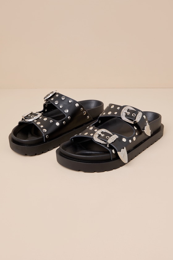 Black Slide Sandals - Western Buckle Slide Sandals - Sandals