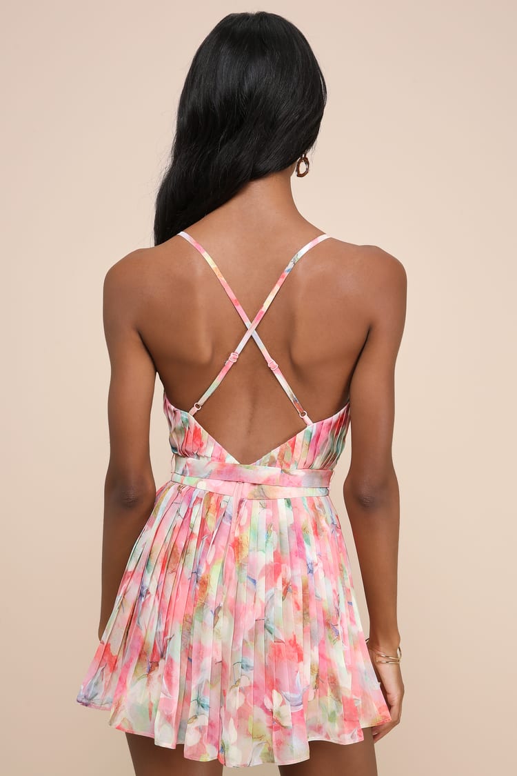 Pink Floral Romper - Pleated Chiffon Romper - Backless Romper - Lulus