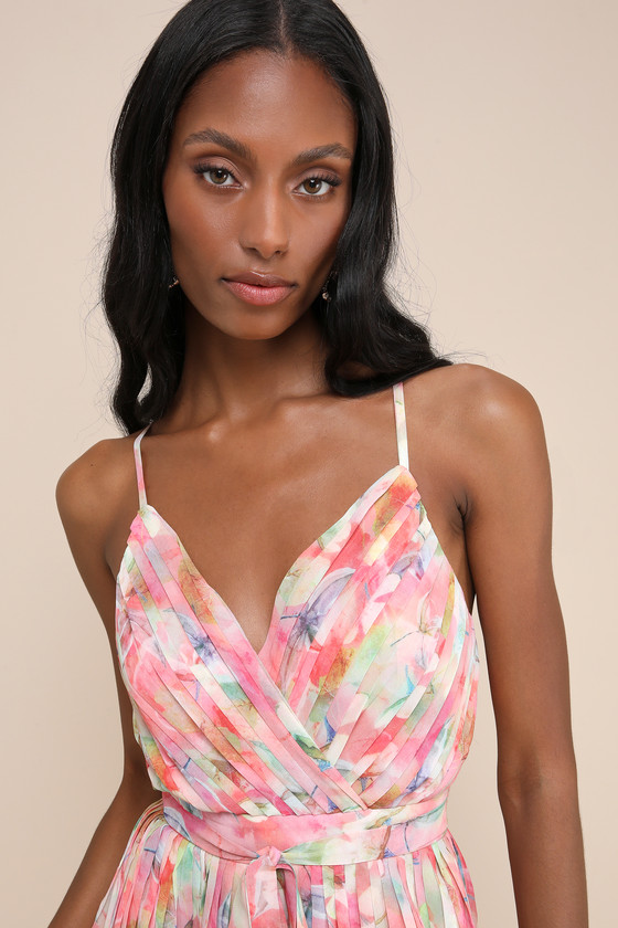 LULUS ENTICINGLY LOVELY PINK MULTI FLORAL PLEATED BACKLESS ROMPER