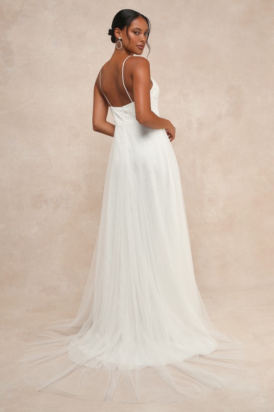 Pearl Ruffle Shoulder Lace Maxi Dress White