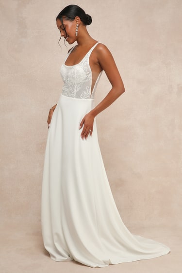 White Sheer Gown Embroidered Gown Backless Gown Bridal Gown
