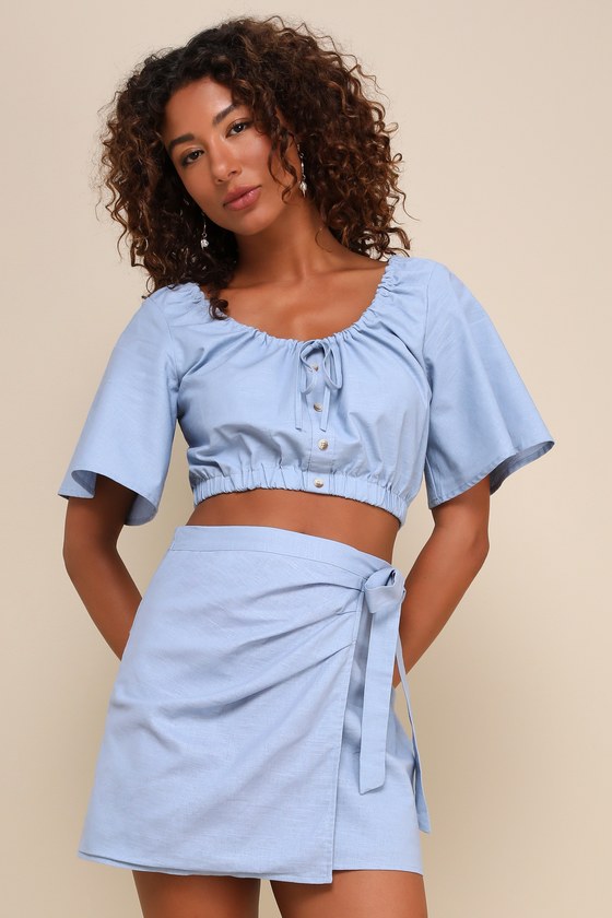 Charming Outing Blue Linen Two-Piece Button-Front Mini Dress