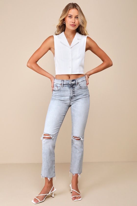 Daze Denim Shy Girl Light Wash Cropped Distressed High-rise Flare Jeans In Blue