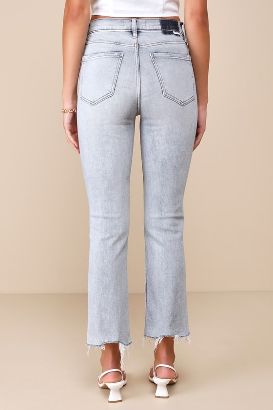 Daze Denim Shy Girl Light Wash Cropped Distressed High-rise Flare Jeans In Blue