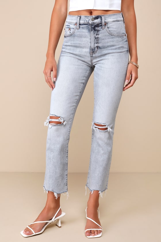 Daze Denim Shy Girl Light Wash Cropped Distressed High-rise Flare Jeans In Blue