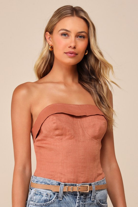 LULUS BREEZY PRESENCE TERRACOTTA LINEN STRAPLESS BUSTIER BODYSUIT