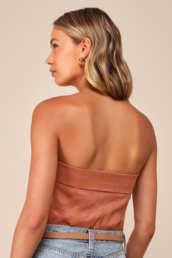 LULUS BREEZY PRESENCE TERRACOTTA LINEN STRAPLESS BUSTIER BODYSUIT