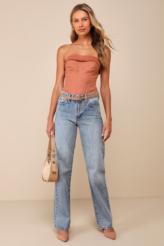 LULUS BREEZY PRESENCE TERRACOTTA LINEN STRAPLESS BUSTIER BODYSUIT