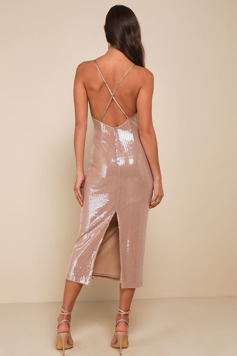 Taupe Sequin Dress - Sequin Mesh Dress - Backless Midi Dress - Lulus Taupe Sequin Dress - Sequin Mesh Dress - Backless Midi Dress - Lulus