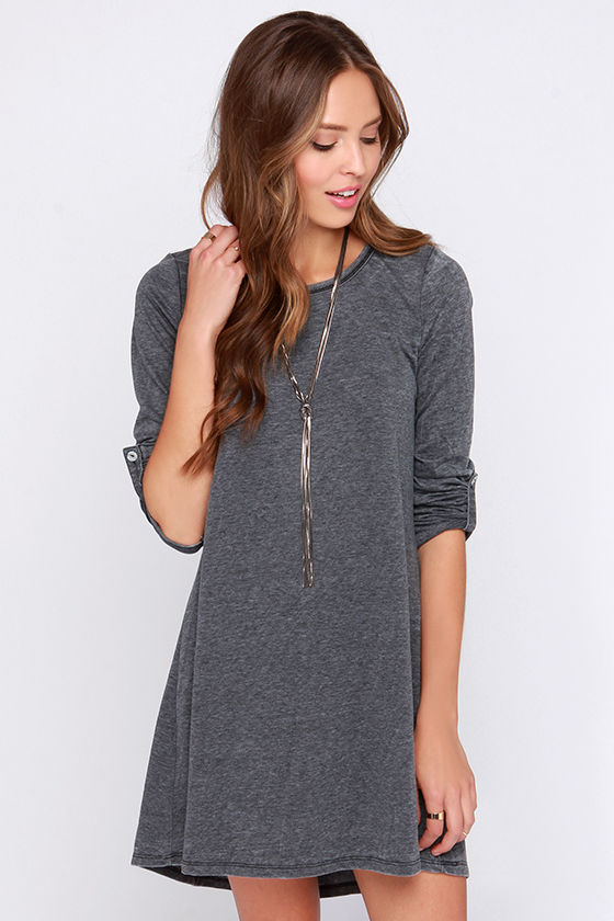 Cute Grey Dress - Swing Dress - Button Sleeve Dress - Long Sleeve Dress ...