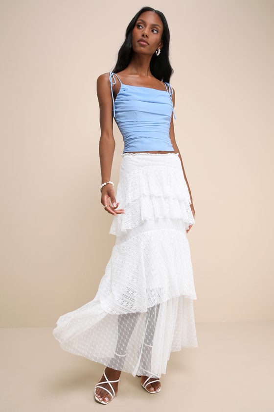 Impressively Darling Ivory Mesh Lace Tiered Midi Skirt 3