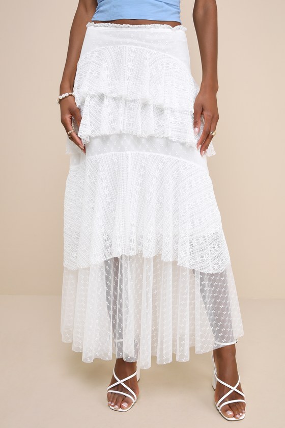 Impressively Darling Ivory Mesh Lace Tiered Midi Skirt 5