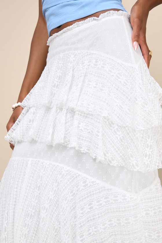 Lulus Impressively Darling Ivory Mesh Lace Tiered Midi Skirt In Ivory