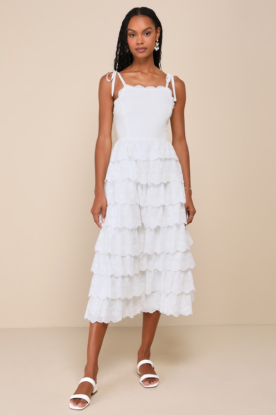 Lulus Endlessly Ideal White Eyelet Embroidered Tiered Midi Dress In White