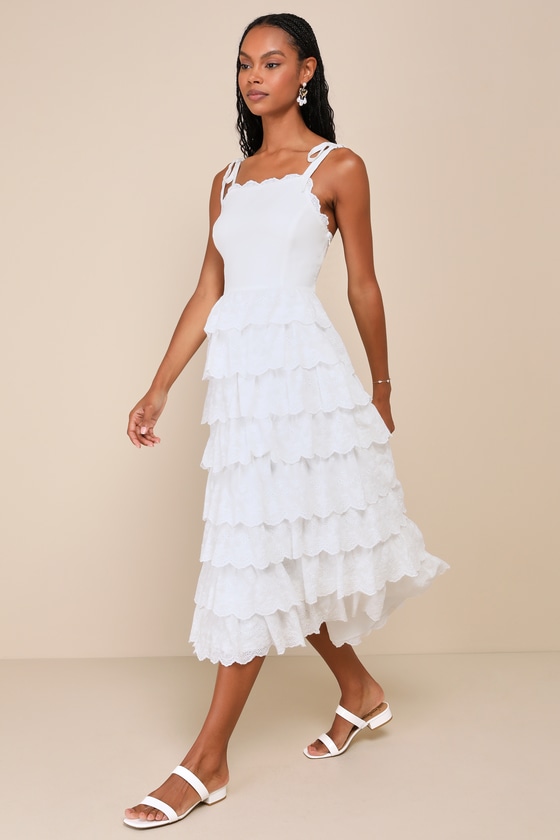 Lulus Endlessly Ideal White Eyelet Embroidered Tiered Midi Dress In White