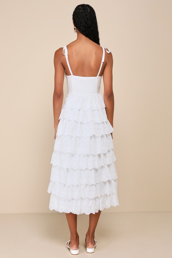 Lulus Endlessly Ideal White Eyelet Embroidered Tiered Midi Dress In White